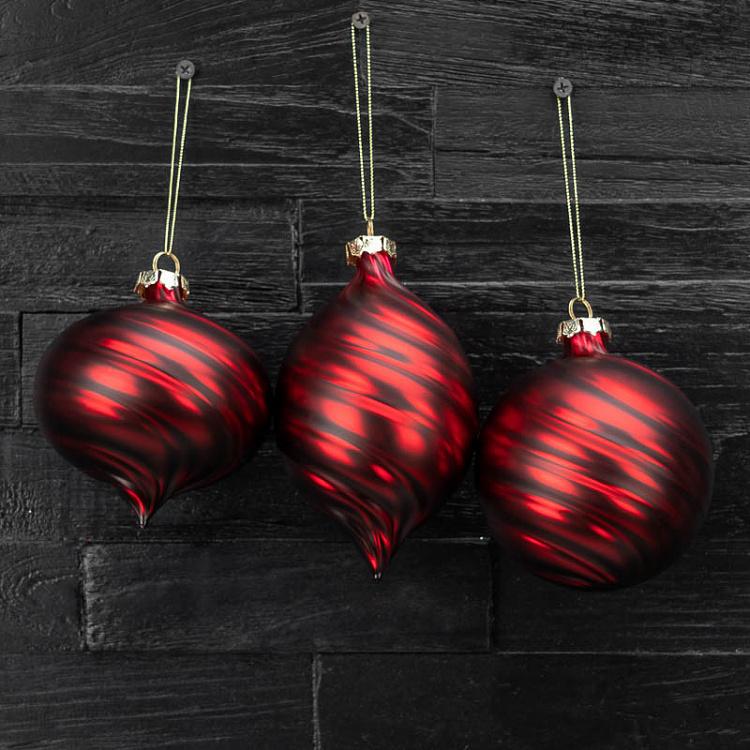 Набор из 3-х бордовых ёлочных шаров Вихрь Set Of 3 Glass Metall Swirl Balls Burgundy 10 cm