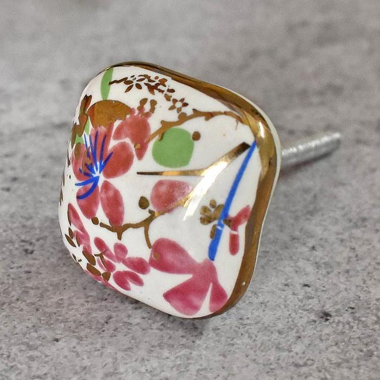 Керамическая мебельная ручка Розовая петуния Pink Petunia Gold Ceramic Knob