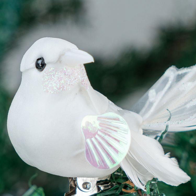 Набор из трёх ёлочных игрушек Белые птички на прищепке Set Of 3 Sequin Lace Birds On Clip White 15 cm