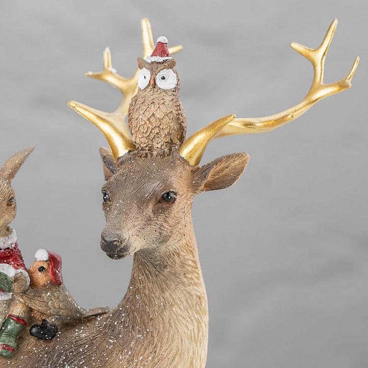 Новогодняя фигурка Рождественский олень с друзьями Xmas Deer With Animal Friends Brown/Red 25 cm