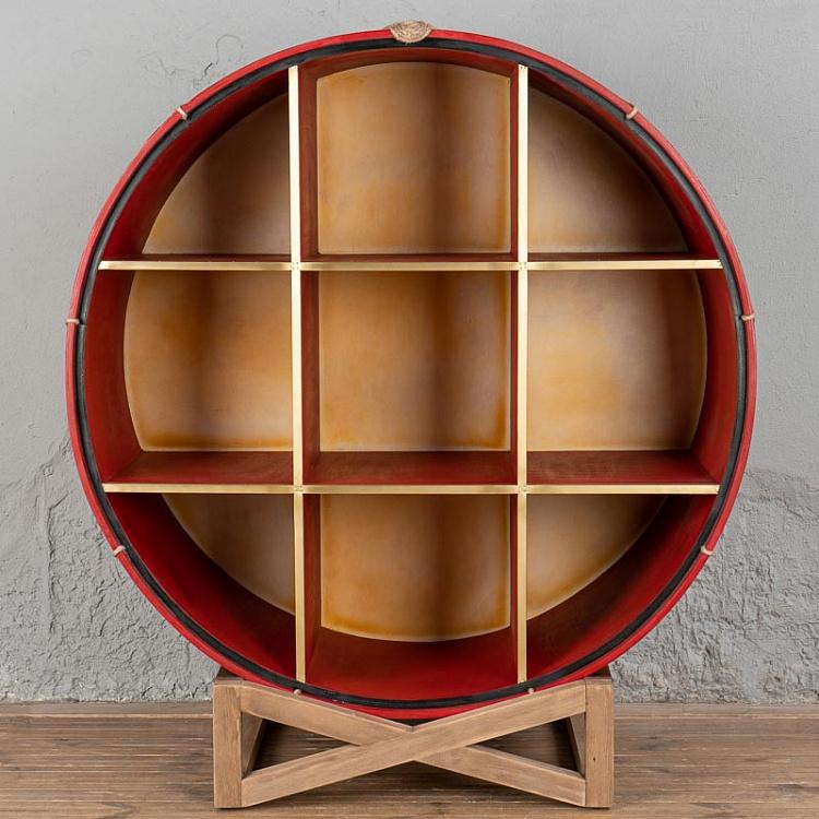 Деревянный стеллаж в виде барабана с латунным обрамлением на подставке, M Regiment Brass Drum Bookcase Medium With Stand