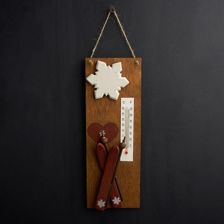 Настенный деревянный термометр с лыжами и снежинками дисконт5 Wooden Thermometer With Ski And Snowflakes 24 cm discount5