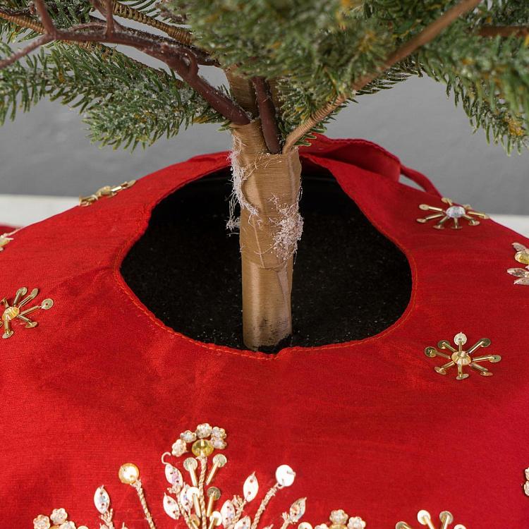 Красный коврик-юбка под ёлку с золотыми снежинками Golden Snowflakes Christmas Tree Skirt Red 106 cm