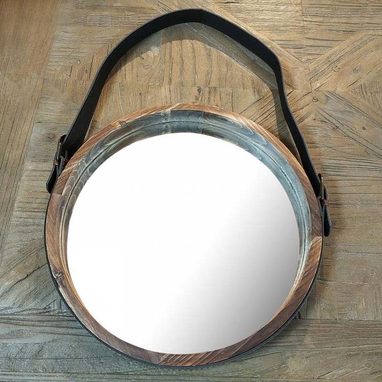Настенное круглое зеркало из тёмного дерева на ремешке дисконт Round Dark Wood Mirror With Faux Leather Strap discount