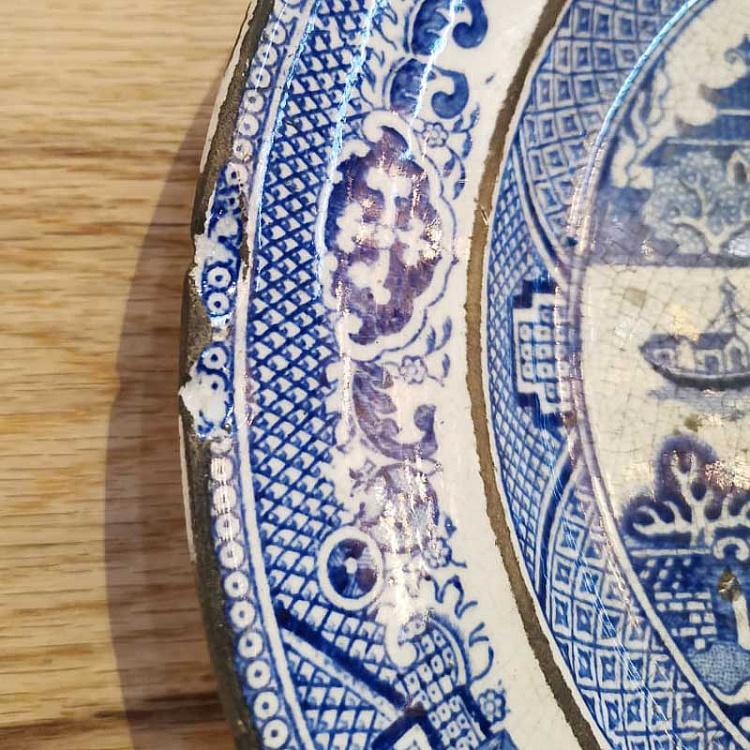 Винтажная тарелка белая с голубым мотивом 24, L Vintage Plate Blue White Large 24