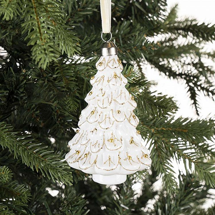 Ёлочная игрушка Белая ёлочка с золотыми бусинами Gold Beads Christmas Tree Ball White