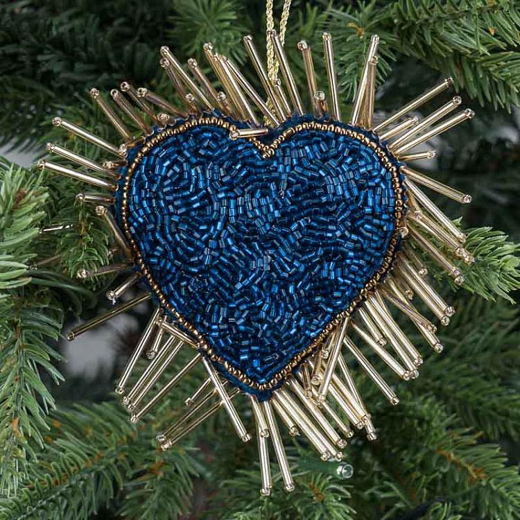 Ёлочная игрушка Синее сердце с вышивкой бисером Bead Embroidery Heart Blue 13 cm