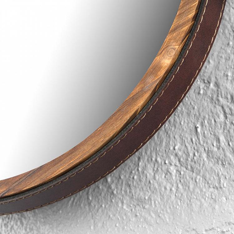 Настенное круглое зеркало из тёмного дерева на ремешке Round Dark Wood Mirror With Faux Leather Strap