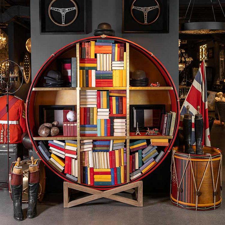 Деревянный стеллаж в виде барабана с латунным обрамлением на подставке, M Regiment Brass Drum Bookcase Medium With Stand