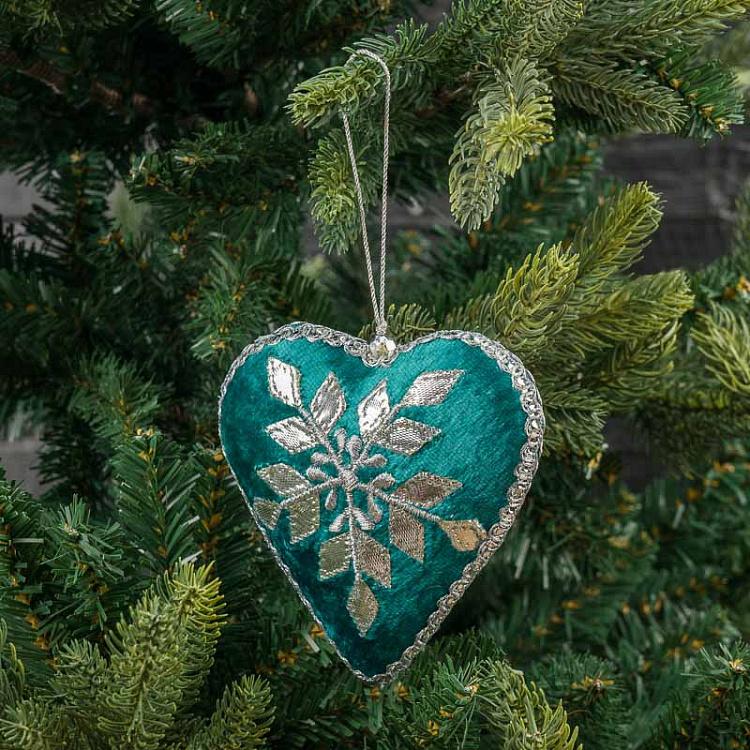 Ёлочная игрушка Бирюзовое сердце с серебряным орнаментом Heart With Silver Pattern Turquoise 12 cm