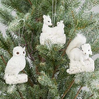 Set Of 3 Snow Furry Deer Owl Squirrel White 12 cm