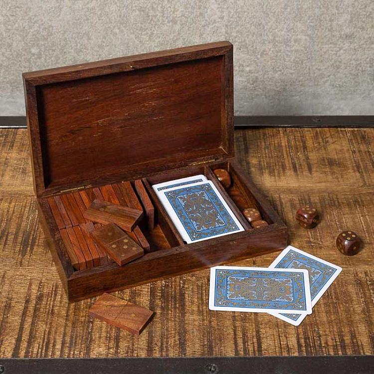Деревянная шкатулка с набором Домино, колодой игральных карт и костями Brass Details Game Box With Cards, Dices And Domino