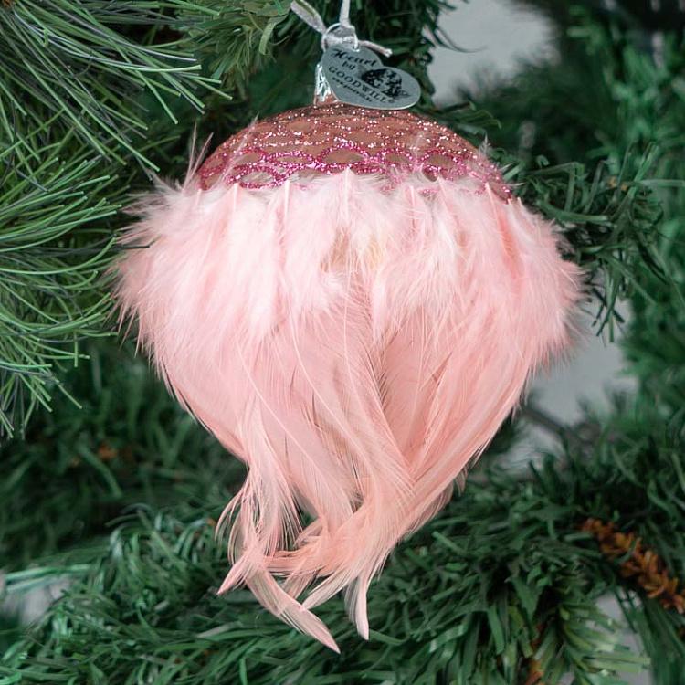 Ёлочный шар с розовыми перьями и блёстками Glass Glitter Feather Ball Pink/Brown 8 cm