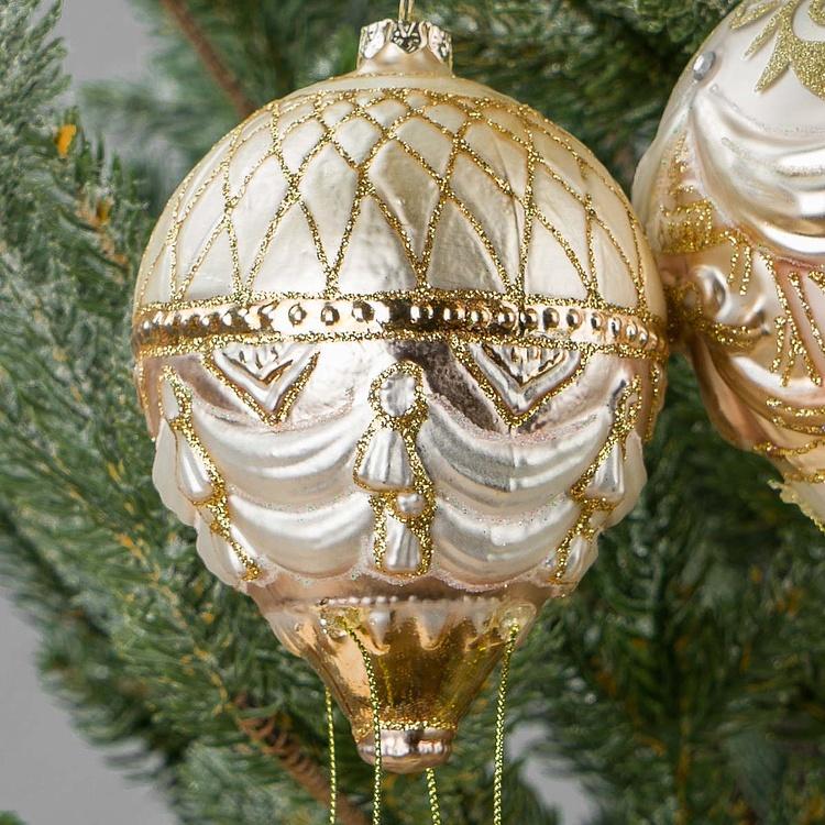 Набор из двух стеклянных ёлочных игрушек Воздушные шары Set Of 2 Glass Hot Air Balloons Gold Cream 16 cm