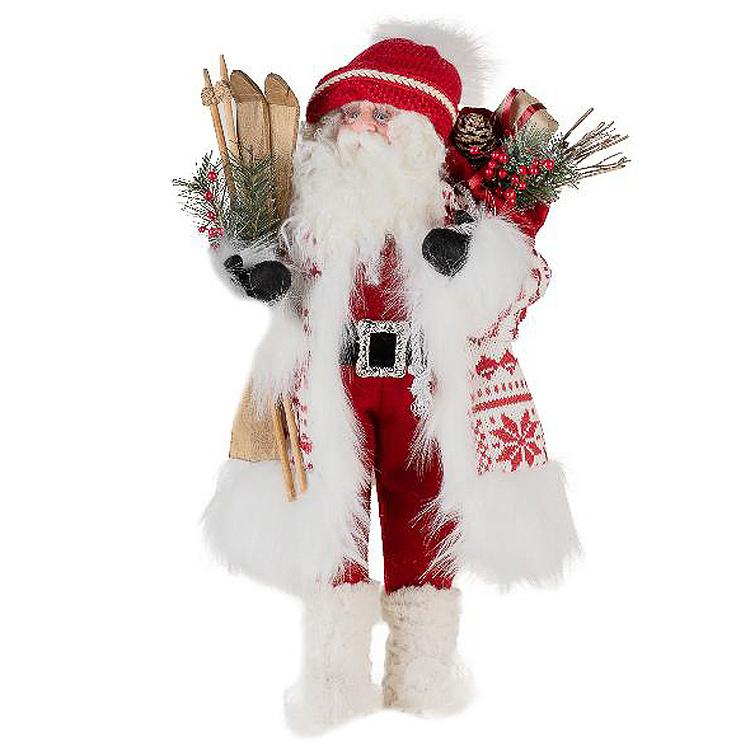 Новогодняя фигурка Лесной Санта в белой шубе и с лыжами Forest Santa Claus In White Fur Coat With Skis 48 cm