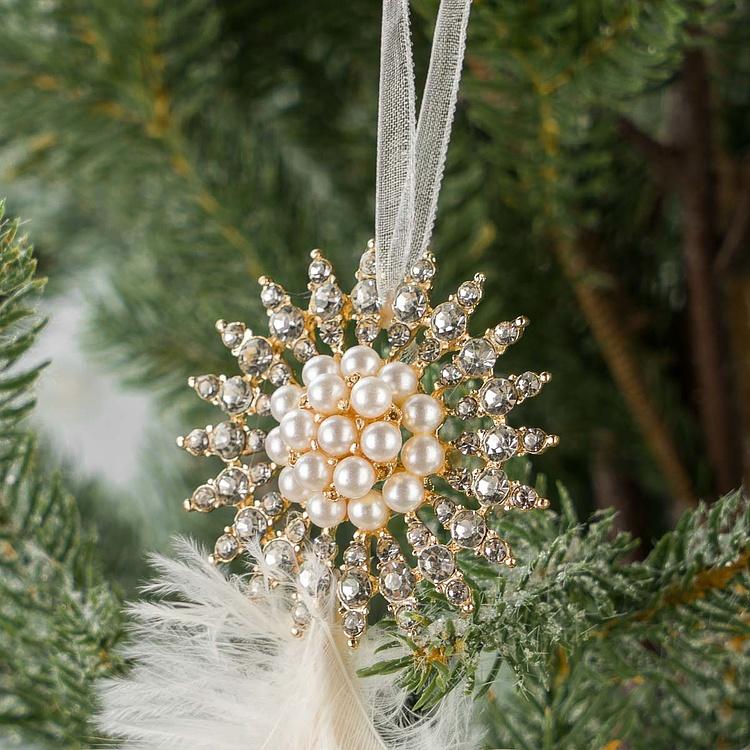 Набор из двух ёлочных игрушек из перьев Set Of 2 Plume Jewels Cream Gold 22 cm