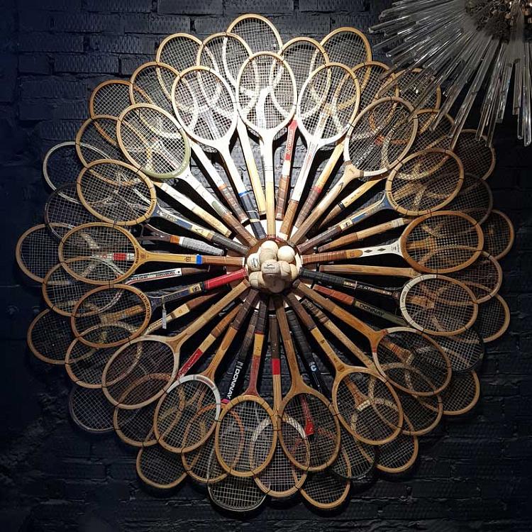 Vintage Installation Of 51 Tennis Rackets And 10 Balls