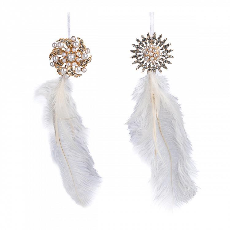 Набор из двух ёлочных игрушек из перьев Set Of 2 Plume Jewels Cream Gold 22 cm