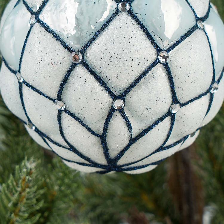 Ёлочная игрушка Клетчатый белый шар с бусинами Checkered Ball With Beads Blue 10 cm
