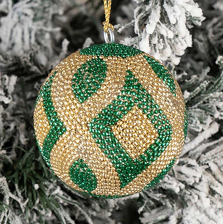 Ёлочная игрушка Шар с узором из золотого и зелёного бисера, S Beads Ball Gold And Green 9 cm