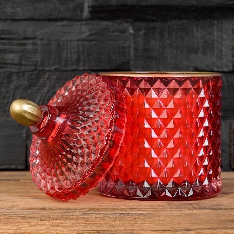 Арома-свеча в красном фасетном стакане Фиолетоволистная роза, L Aroma Candle In Red Faceted Glass Berry Rose Large