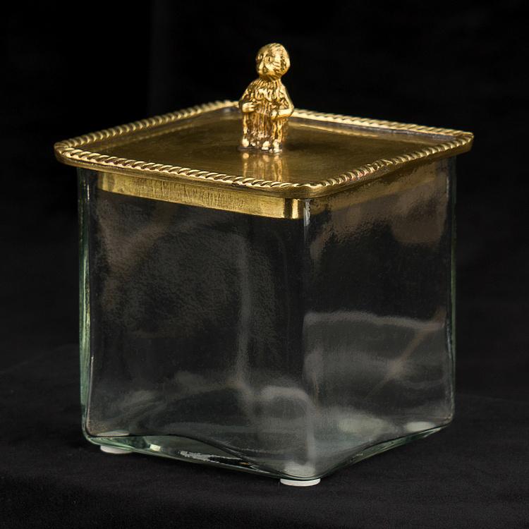 Ёмкость для хранения с латунной обезьянкой на крышке Square Glass Box With Brass Monkey Lid