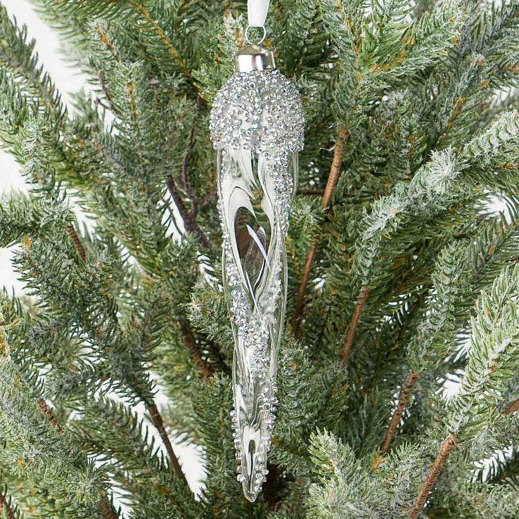 Ёлочная игрушка Прозрачная сосулька с блёстками Clear Icicle With Silver Glitter 22 cm