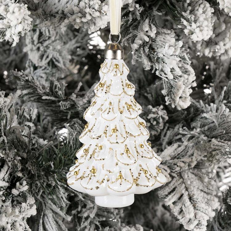 Ёлочная игрушка Белая ёлочка с золотыми бусинами Gold Beads Christmas Tree Ball White