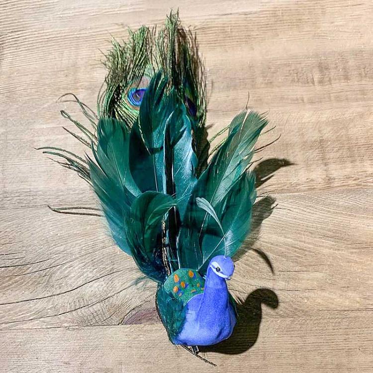 Ёлочная игрушка Павлин на прищепке дисконт Feather Open Tail Peacock On Clip Green/Blue 25,5 cm discount