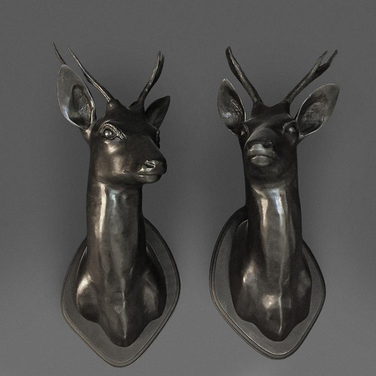 Set Of 2 Stag Heads, Antique Bronze