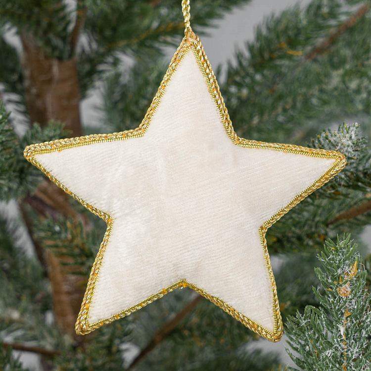 Ёлочная игрушка Белая барахатная звезда с жемчужинками White Velvet Star With Pearls 10 cm