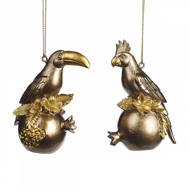 Set Of 2 Parrots On Pomegranate Gold 9 cm