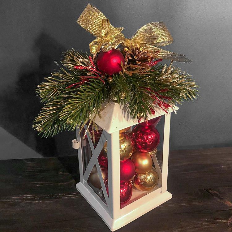 Белый декоративный фонарь с красными и золотыми шарами Red And Gold Balls Lantern White 27 cm