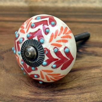 Orange Red Fern Hand Painted Ceramic Knob