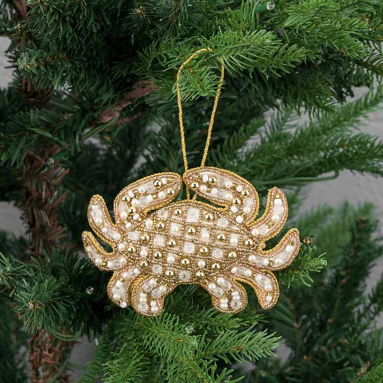 Ёлочная игрушка с бисерной вышивкой Золотой краб Embroidery Beaded Crab Gold Cream 13,5 cm