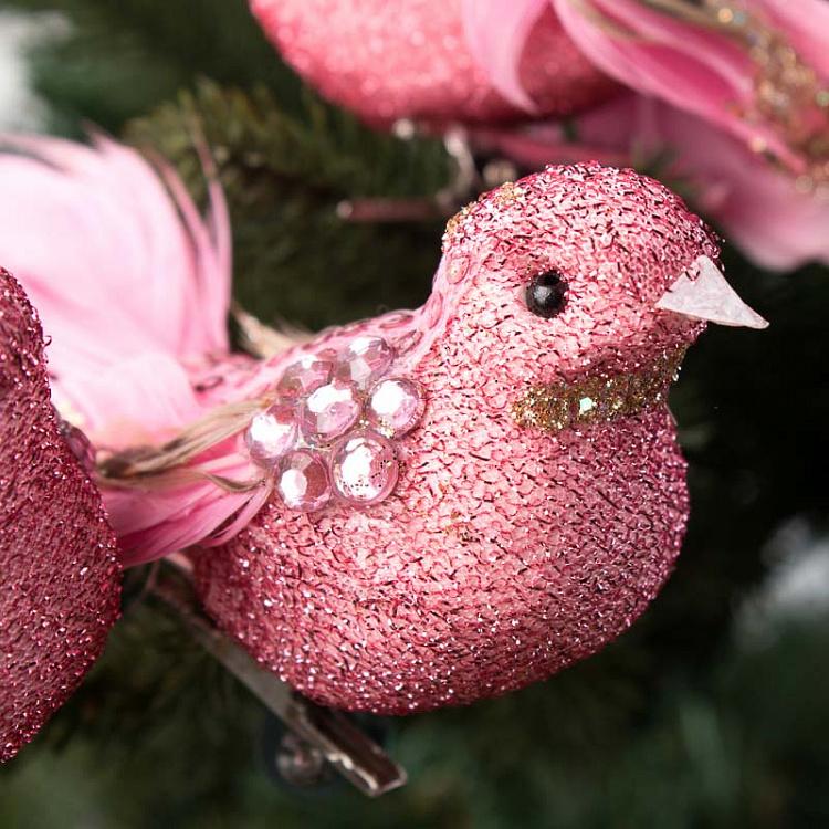 Набор из трёх ёлочных игрушек Розовые птички на прищепке Set Of 3 Jewel Sequin Birds On Clip Pink 18 cm