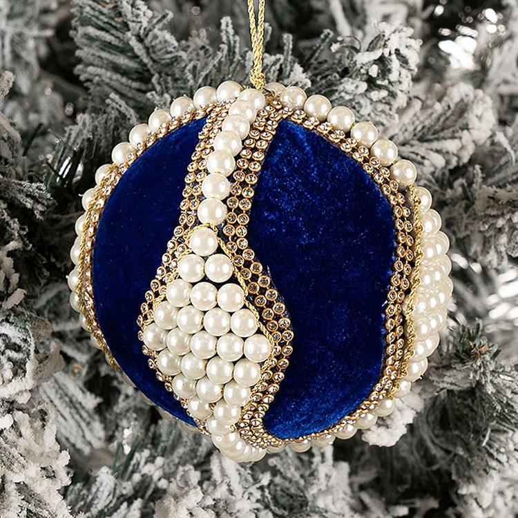 Ёлочная игрушка Синий бархатный шар с жемчужинами Velvet Ball With Pearls Blue 10 cm