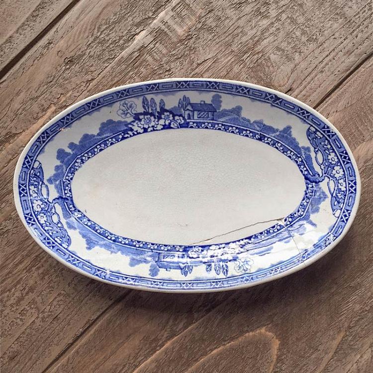 Винтажная овальная тарелка с голубым мотивом 1 Vintage Plate Blue White Oval 1