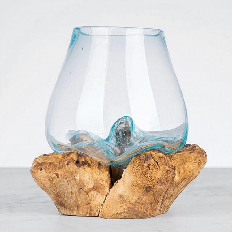 Стеклянная ваза на основании из корней тика Vase Ovale En Verre Sur Support En Racine De Teck