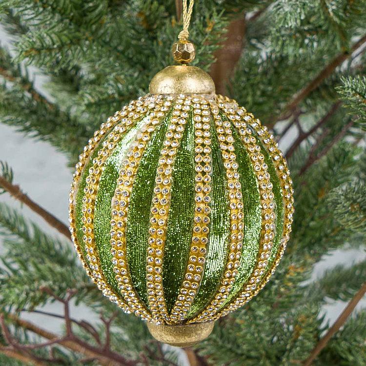 Ёлочная игрушка Салатовый шар с полосами золотистого цвета Golden Stripes Ball Light Green 21,5 cm