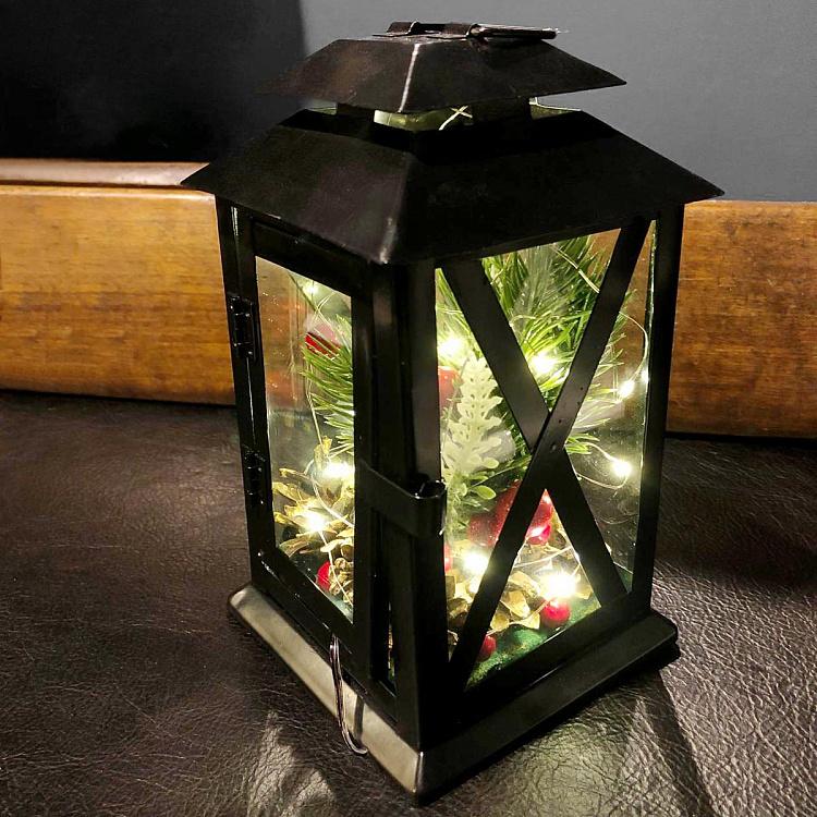 Чёрный декоративный фонарь с композицией внутри New Year Lantern Black 22 cm