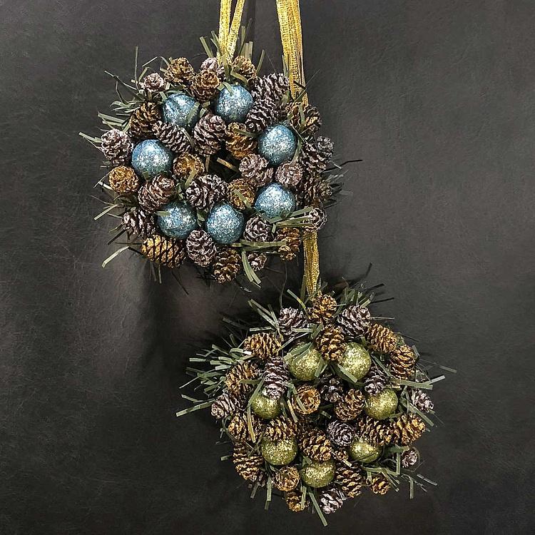 Набор из двух новогодних венков с шишками и перламутровыми шарами, XS Set Of 2 Wreaths Bagels Extra Small