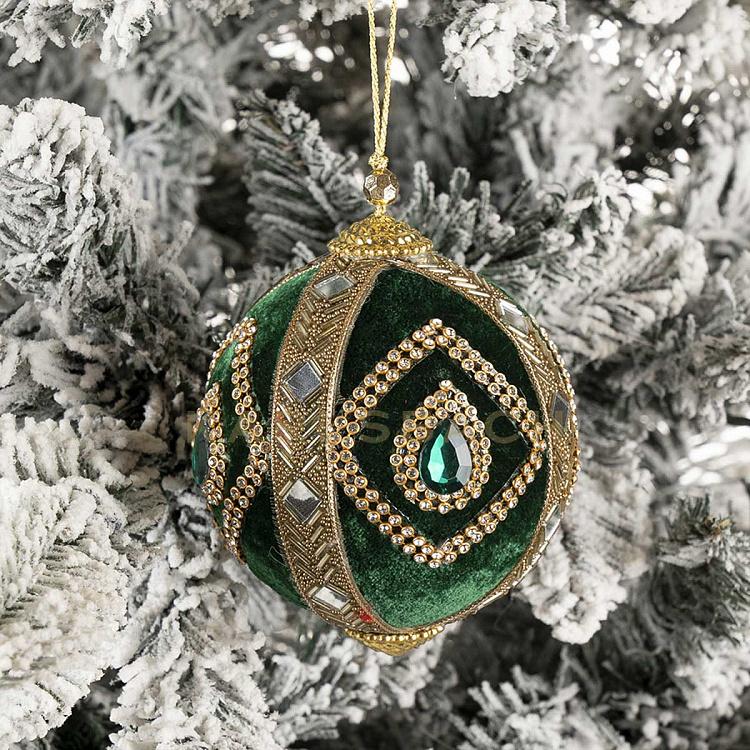 Ёлочная игрушка Зелёный шар с золотым орнаментом из страз Rhinestones Gold Ornament Ball Green 10 cm