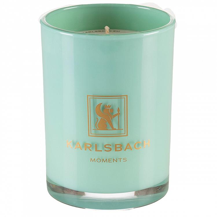 Арома-свеча в мятно-голубом стакане с золотой крышкой Огурец Aroma Candle In Mint Blue Glass With Gold Lid Cucumber