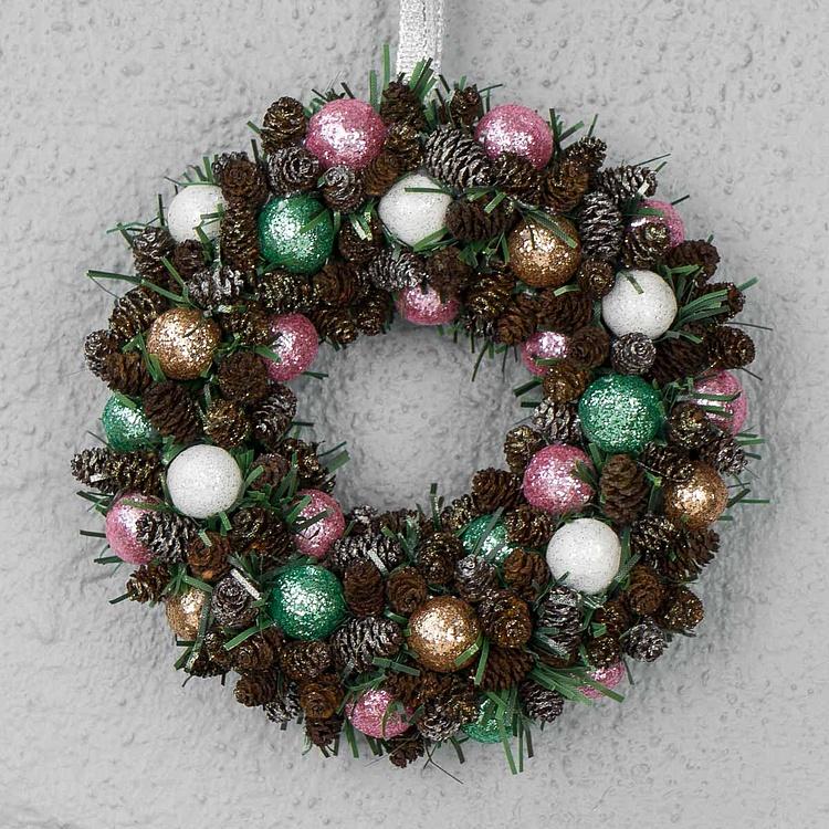 Новогодний венок с шишками и перламутровыми шарами 2, M Wreath Bagel 2 Medium