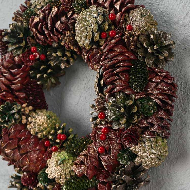 Позолоченный венок с сосновыми шишками Gilt Berry Pinecone Wreath Green Brown 34 cm