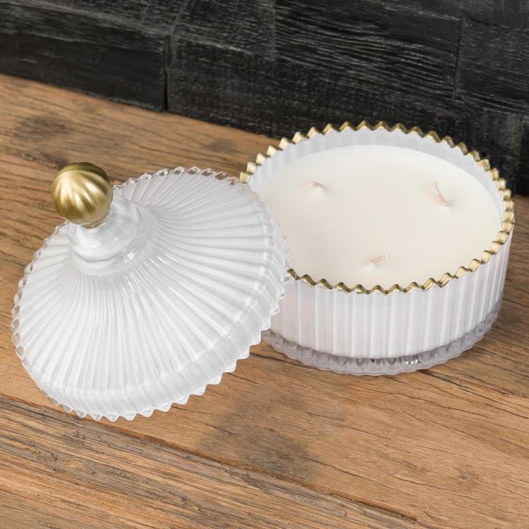 Арома-свеча в белом рифлёном стакане Шёлковый цветок, L Aroma Candle In White Striped Glass Silk Flower Large