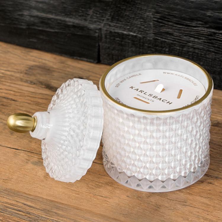 Арома-свеча в белом фасетном стакане Шёлковый цветок, S Aroma Candle In White Faceted Glass Silk Flower Small