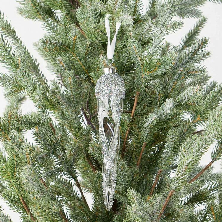 Ёлочная игрушка Прозрачная сосулька с блёстками Clear Icicle With Silver Glitter 22 cm