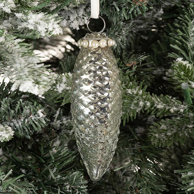 Ёлочная игрушка Серебристая шишка Glass Pine Cone Silver 15 cm